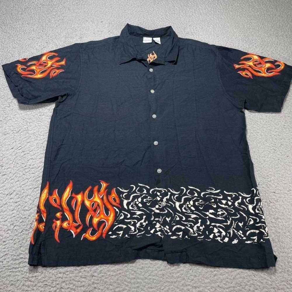 Vintage Y2K Amplify All Over Flame‎ Design Button Metal Rage Shirt Men's Large